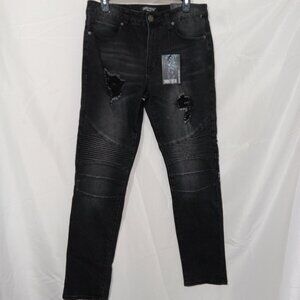 Smoke & Ash Premium Denim Mens 32x32 Black Distressed Moto Biker Slim Jeans NEW
